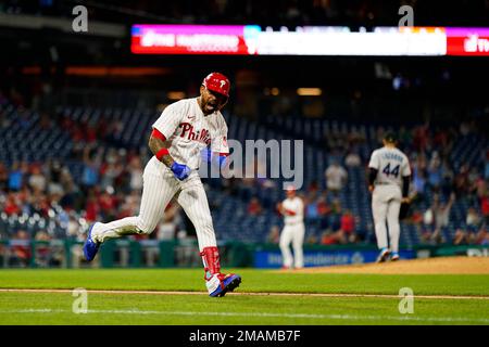 Philadelphia Phillies' Edmundo Sosa reacts after a home run during a  baseball game, Wednesday, Sept. 27, 2023, in Philadelphia. (AP Photo/Matt  Slocum Stock Photo - Alamy