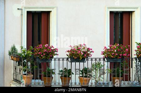 Un balcon avec deux portes rouges et des pots de fleurs. Banque D'Images