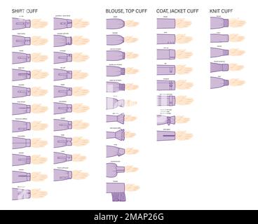 Ensemble de manchettes à manches types de vêtements - chemise, tricot, manteau, veste, haut, chemisier illustration technique de la mode. Modèle de gros plan pour vêtements plats sur les côtés arrière. Femmes, hommes unisex CAD maquette Illustration de Vecteur