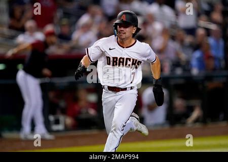 Arizona Diamondbacks' Gabriel Moreno hits against the Milwaukee Brewers  during the fourth inning of a baseball game, Monday, April 10, 2023, in  Phoenix. (AP Photo/Matt York Stock Photo - Alamy