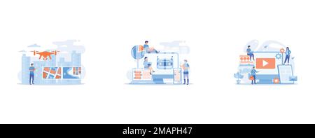 Drone, opérateur de quadcopter, pilote de réalisation de photos, développeurs de construction, de test et de déploiement de chatbots sur des plates-formes, PPC gestionnaires de publicité travaillent avec Illustration de Vecteur