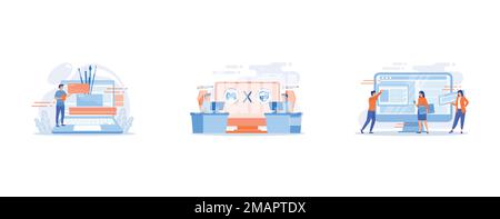 Didacticiel vidéo de conception graphique, concours Cybersports, planification du développement d'interface de site Web, illustration moderne de vecteur plat Illustration de Vecteur