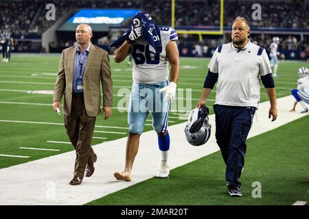 Dallas Cowboys offensive tackle Isaac Alarcon (60) waits for play to begin  during the second half of an NFL preseason football game against the  Jacksonville Jaguars, Saturday, Aug. 12, 2023, in Arlington