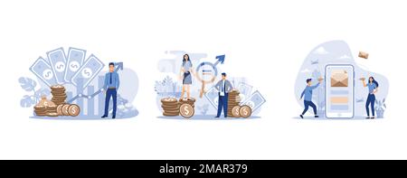 Entrepreneur ou investisseur réussi présentant pile d'argent et diagramme de croissance, égalité de salaire de genre dans les affaires, utilisateurs de téléphone chat en ligne, ensemble plat Illustration de Vecteur