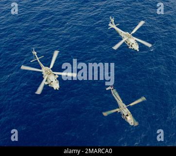 220604-N-IR734-3187 MER DES PHILIPPINES (4 juin 2022) un buse de mer MH-60s affecté à l'escadron de combat de la mer (HSC) 12, un MH-60R affecté à l'escadron de frappe maritime des Saberhawks d'hélicoptère (HSM) 77, Et un hélicoptère Lynx de la marine de la République de Corée (ROK) survole en formation pendant l'exercice 2022 du groupe Carrier Strike. L'exercice Carrier Strike Group est un exercice bilatéral entre la marine américaine et la marine de la République de Corée. Cet exercice permet à nos marines d'affiner les opérations et l'engagement afin de renforcer la coopération future tout en soutenant l'alliance qui reste vitale pour TH Banque D'Images