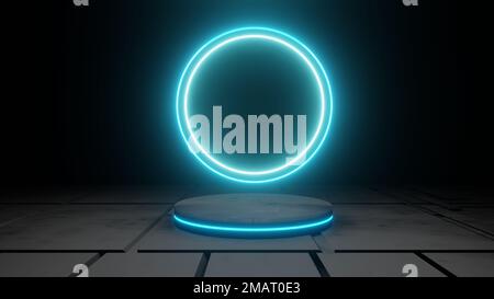 3d rendu d'un fond géométrique abstrait lumineux au néon bleu avec podium. Scène pour la publicité, la salle d'exposition, la bannière, la technologie, l'avenir, moderne Banque D'Images