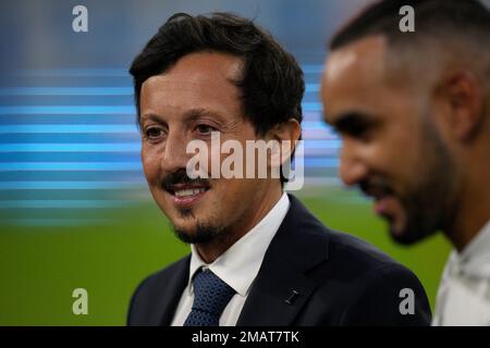 President of Olympique de Marseille Pablo Longoria and Thierry Henry,  pundit for  Prime Video react after the match was stopped after few  minutes when Dimitri Payet of OM received a plastic