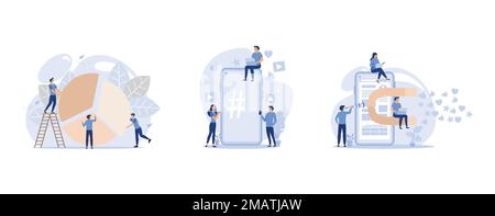 les petites personnes comme puzzle puzzles puzzles collectent infographics , téléphone avec hashtag signe, un gros aimant attire des aime, définir un vecteur plat moderne illustrat Illustration de Vecteur