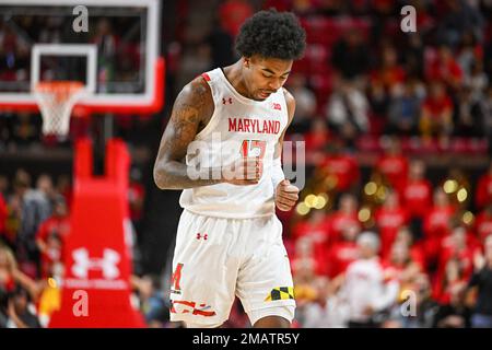 College Park, Maryland, États-Unis. 19th janvier 2023. Le garde des terrapins du Maryland Hakim Hart (13) réagit pendant le match de basket-ball de la NCAA entre les Wolverines du Michigan et les Terrapins du Maryland au centre Xfinity à College Park, MD. Reggie Hildred/CSM/Alamy Live News Banque D'Images