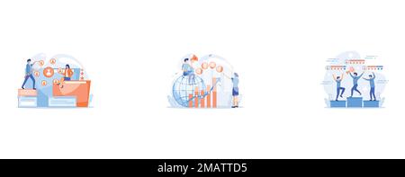 Ressources humaines, travail d'équipe RH et concept de service de chasseur de tête, Economist avec mégaphone, colonne de croissance économique et graphique de productivité du marché, peo minuscule Illustration de Vecteur