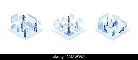Personnages de personnes donnant un feedback cinq étoiles, concept de travail d'équipe avec casse-tête, équipe de gens travaillent ensemble, illustration moderne de vecteur isométrique Illustration de Vecteur