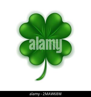 Feuille de trèfle verte isolée sur fond blanc. Trèfle à quatre feuilles 3D. Symbole bonne chance pour St. Patrick. Illustration vectorielle. Illustration de Vecteur