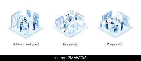 Bannière de concept de développement d'applications mobiles avec personnages, consultant financier assis au bureau avec documents pour le calcul de l'impôt, virus informatique Illustration de Vecteur