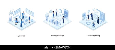 Personnage debout près de bon d'escompte d'achat, concept de transfert d'argent, réalité augmentée pour le concept de banque, illustration moderne de vecteur isométrique Illustration de Vecteur