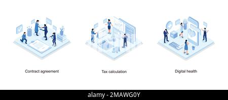 Personnages qui se secouent après la signature du document officiel du contrat, Bureau avec documents pour le calcul de l'impôt, concept de santé numérique, isométrique v Illustration de Vecteur
