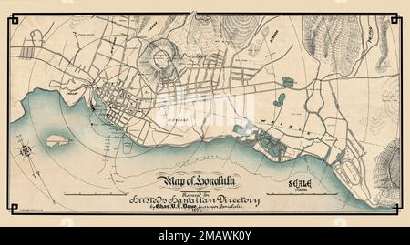Carte de Honolulu 1892 carte antique. Reproduction restaurée d'une carte d'Honolulu. Cette reproduction restaurée et détaillée fait ressortir de nombreux détails et monuments, ce qui fait de cette carte une grande référence historique. J'ai sélectionné des images graphiques intéressantes, anciennes de 19th et du début du 20th siècle pour la restauration et l'édition numériques. Les images ont ensuite été ajustées et éclaircies pour les rendre adaptées à l'affichage et à d'autres fins. L'image qui en résulte fait ressortir de nombreux détails et points de repère, ce qui fait de cette carte une référence historique et un excellent élément de conversation. © 2023 pour cette reproduction restaurée. Banque D'Images
