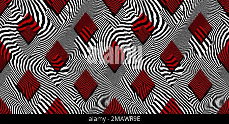 Motif de combinaison de zèbre ou de losanges à rayures tigrées sans couture. Alice in Wonderland, noir, rouge et blanc, papier peint à motif opart psychédélique. Banque D'Images