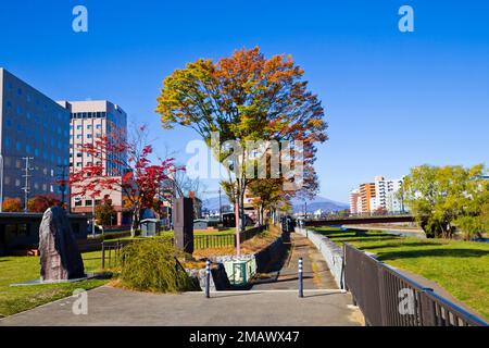 Scène du Mont Iwate avec bâtiments et promenade au fleuve Katakami dans la ville de Morioka, préfecture d'Iwate, Tohoku, Japon. Banque D'Images