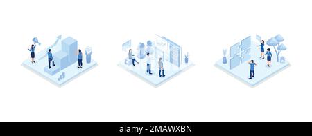 Jeu d'illustrations de stratégie commerciale. Personnages assemblant puzzle puzzle, mouvement figure d'échecs, démonstration de croissance financière. Stratégie, planification et s Illustration de Vecteur