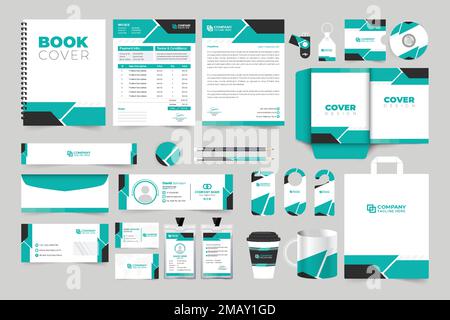 Collection moderne de modèles de papeterie promotionnels pour les entreprises avec des formes créatives. Carte d'identité de la marque, signature électronique et porte cintre avec Illustration de Vecteur
