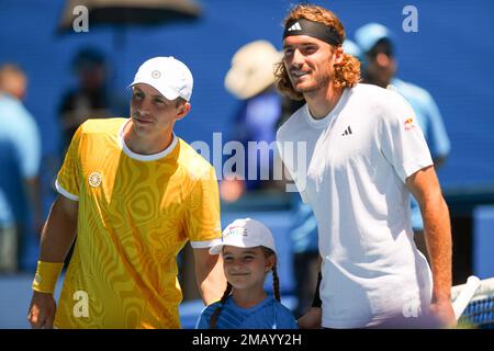 MELBOURNE, AUSTRALIE - JANVIER 20 : Tallon Griekspoor des pays-Bas et Stefanos Tsitsipas de Grèce lors de l'Open d'Australie 2023 au parc de Melbourne sur 20 janvier 2023 à Melbourne, Australie (photo de l'agence BSR) crédit : BSR Agency/Alay Live News Banque D'Images