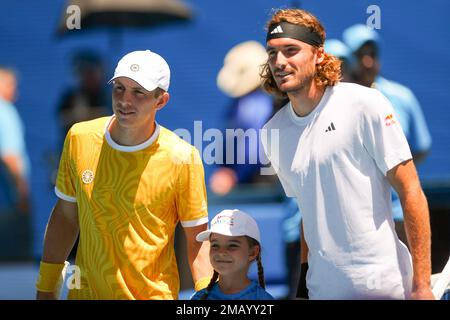 MELBOURNE, AUSTRALIE - JANVIER 20 : Tallon Griekspoor des pays-Bas et Stefanos Tsitsipas de Grèce lors de l'Open d'Australie 2023 au parc de Melbourne sur 20 janvier 2023 à Melbourne, Australie (photo de l'agence BSR) crédit : BSR Agency/Alay Live News Banque D'Images