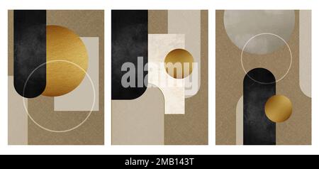 Cadre moderne en toile d'art mural. formes dorées, noires et orange, lignes et sphères dorées sur fond marron. 3d illustration pour mur intérieur ho Banque D'Images