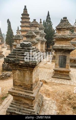 Tombes en brique d'éminents moines dans le cimetière de la forêt de la Pagode au Temple Shaolin. Temple de Shaolin en célèbre pour kungfu et est près de Dengfeng dans le Henan Bauvin Banque D'Images