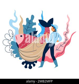 Pêche sportive poisson en filet pêcheur avec pêche à l'achigan ou à la carpe Illustration de Vecteur