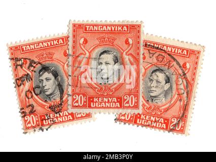 Timbres-poste d'époque du Kenya, de l'Ouganda et de Tanganyika sur fond blanc. Banque D'Images