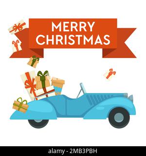 Joyeux Noël carte de voeux voiture avec des cadeaux ou des cadeaux Illustration de Vecteur