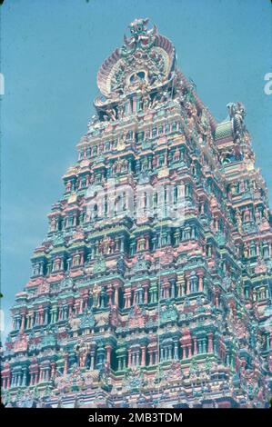 Le temple d'Arulmigu Meenakshi Sundaraswalar est un temple hindou historique situé sur la rive sud de la rivière Vaigai, dans la ville de temple de Madurai, Tamil Nadu, Inde. Elle est dédiée à la déesse Meenakshi, une forme de Shakti, et à son consort, Sundareshwalar, une forme de Shiva. Le temple de Madurai Meenakshi Sundarwarar a été construit par l'empereur Pandayan Sadayavarman Kulasekaran 1190 le fait le plus populaire sur le temple est qu'il abrite une salle qui a mille piliers, une piscine sacrée avec un lotus doré où vous pouvez prendre un bain rituel, une salle de mariage, petits sanctuaires, jardins et bergers d'éléphants. Banque D'Images