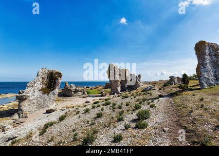 Raukar, colonnes de calcaire, rochers de calcaire de récif sur la côte, érosion, île inhabitée d'Asunden, près de Gotland, Mer Baltique, Suède Banque D'Images