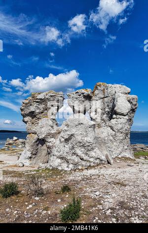 Raukar, colonnes de calcaire, rochers de calcaire de récif sur la côte, érosion, île inhabitée d'Asunden, près de Gotland, Mer Baltique, Suède Banque D'Images