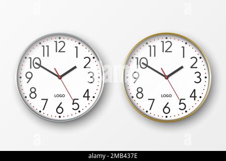 Horloge murale simple ronde argent et or Vector 3-d réaliste avec icône cadran blanc gros plan isolé sur fond blanc. Modèle de conception Illustration de Vecteur
