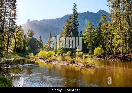 Paysage typique le matin, avec Merced River, dans le parc national de Yosemite, Californie, Etats-Unis, Amérique du Nord Banque D'Images