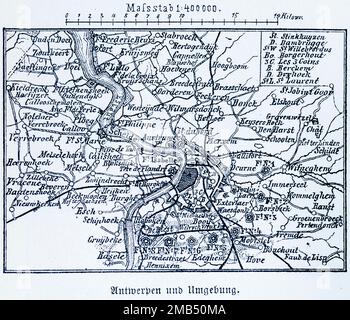 400, 000, plan du sol, district, ligne de chemin de fer, Cartographie, illustration historique 1896, Anvers et environs, Escaut, Belgique, ancien Banque D'Images