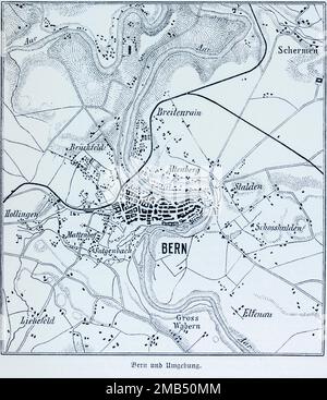 Ville de Berne, Suisse, carte de la ville et environs, quartiers, rivière Aare, méandre, cartographie, écloseries, ligne de chemin de fer Banque D'Images