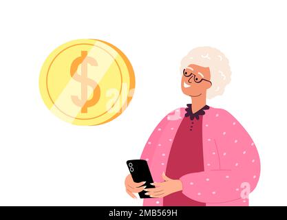 Ancien personnage retraité de femme regarder sur l'écran de smartphone avec le dollar signe parole bulle.transfert d'argent en ligne, retenues de pension, compte d'épargne mobile, g Banque D'Images
