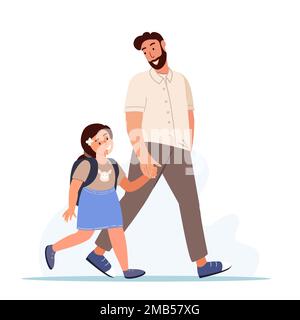 Père et fille vont ensemble.jeune papa tête de fille enfant à l'école, tenant par la main.parent de l'homme soutenir son enfant et l'enfant avec sac à dos de marche.FLA Banque D'Images