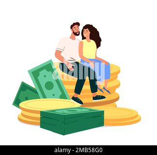 Joyeux jeunes hommes, femmes personnages assis sur un énorme tas de pièces d'or.concept de richesse financière, épargne de retraite, riche retraite, joyful Family.F Banque D'Images