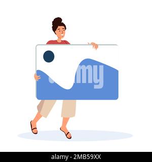 Web Designer Woman tenant l'écran application créative, UI UX conception de l'application mobile Messenger, site.Digital chat interface disposition pour sendin Banque D'Images