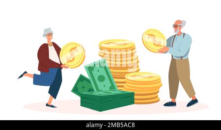 Revenu de pension, profit, budget familial, concept de retraite. Couple senior personnages hommes et femmes collectent de l'argent, obtenir des bénéfices, mettre des pièces de monnaie et de la banque Banque D'Images