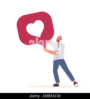 Un petit jeune homme fort porte un bouton de coeur géant.comme boutons image design.personnages de dessin animé.illustration vectorielle plate colorée sur fond de cerf-volant. Banque D'Images