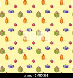 Motif sans couture avec boîtes-cadeaux colorées sur fond jaune clair Illustration de Vecteur