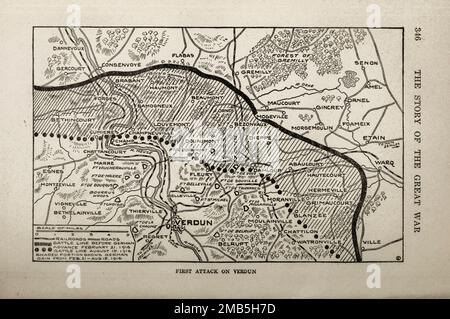 Première attaque contre Verdun dans le livre The Story of the Great War; The Complete history of events to date DIPLOMATIQUES AND STATE PAPERS by Reynolds, Francis Joseph, 1867-1937; Churchill, Allen Leon; Miller, Francis Trevelyan, 1877-1959; Wood, Leonard, 1860-1927; Knight, Austin Melvin, 1854-1927; Palmer, Frederick, 1873-1958; Simonds, Frank Herbert, 1878-; Ruhl, Arthur Brown, 1876- Volume V publié en 1916 Banque D'Images