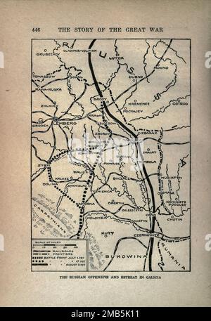 L'OFFENSIVE RUSSE ET LA RETRAITE EN GALICE de l'ouvrage l'histoire de la grande guerre; l'histoire complète des événements à ce jour LES JOURNAUX DIPLOMATIQUES ET D'ÉTAT par Reynolds, Francis Joseph, 1867-1937; Churchill, Allen Leon; Miller, Francis Trevelyan, 1877-1959; Wood, Leonard, 1860-1927; Knight, Austin Melvin, 1854-1927; Palmer, Frederick, 1873-1958; Simonds, Frank Herbert, 1878-; Ruhl, Arthur Brown, 1876- Volume VI publié en 1920 Banque D'Images