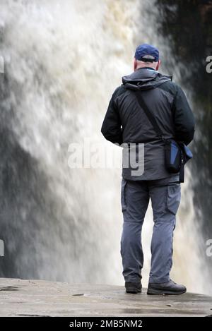 Homme debout/regardant la chute d'eau de Thornton Force dans la rivière Twiss sur le sentier des chutes d'eau d'Ingleton, parc national de Yorkshire Dales, Angleterre, Royaume-Uni. Banque D'Images