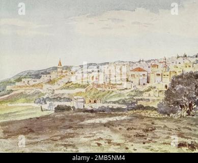 Nazareth au lever du soleil l'église avec la flèche à gauche se dresse sur le site de l'atelier de Joseph, et près de la maison de Marie du livre ' lettres de la Terre Sainte ' par Elizabeth Butler, publié à Londres par Adam & Charles Black publié pour la première fois en 1903 et réimprimé en 1906 Banque D'Images