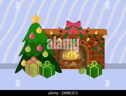 Compositions de Noël avec cheminée et arbre de Noël sur fond bleu Illustration de Vecteur